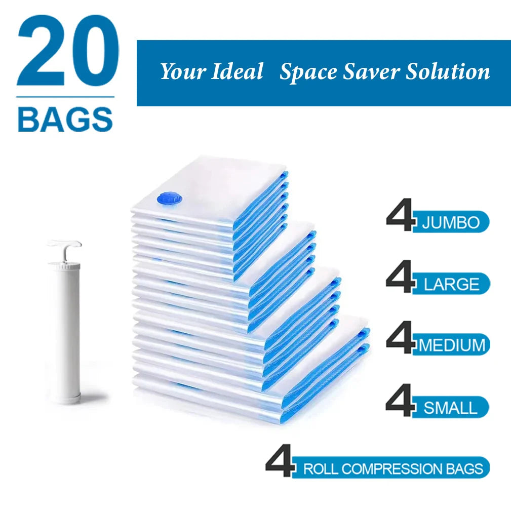 Vacuum Compression Storage Bags – Space Saver for Clothes, Comforters, Blankets – Reusable, Airtight, Eco-Friendly