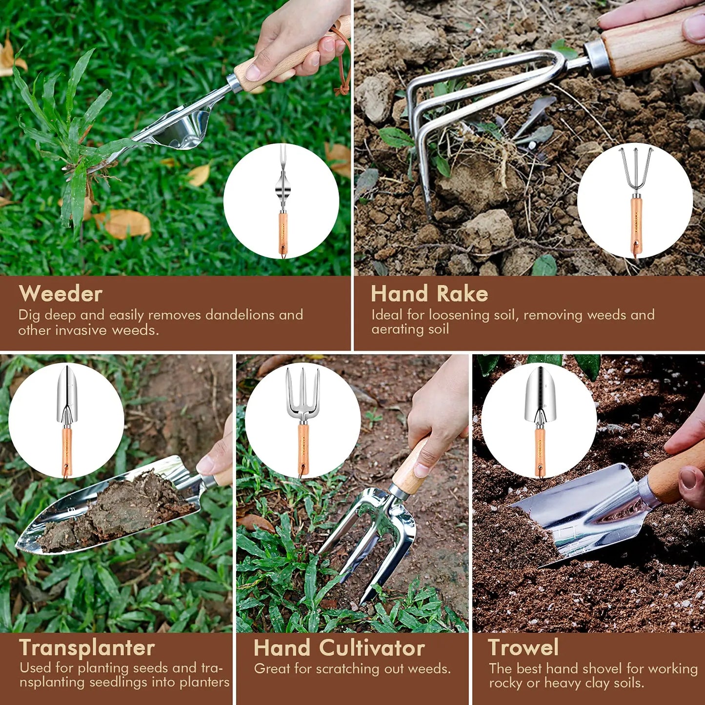 10-piece Set Gardening Tools Heavy Duty Stainless Steel Garden Supplies Hand Tools With Wooden Handle Garden Gifts for Boys