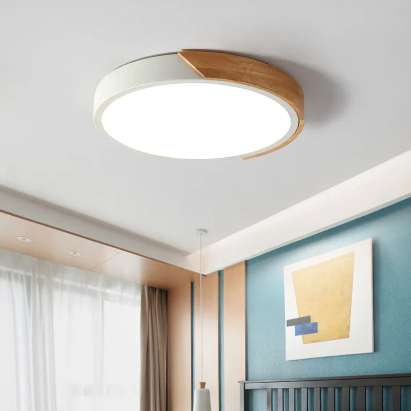 Warm Modern Round Ceiling Lamp – Minimalist Wood Art LED Light with Acrylic & Iron Design for Bedroom