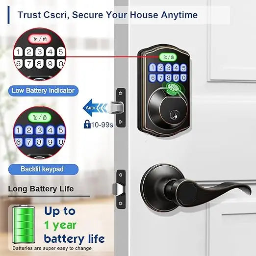 Keyless Entry Smart Door Lock with Fingerprint, Electronic Keypad & Handle Set for Front Doors