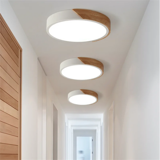Warm Modern Round Ceiling Lamp – Minimalist Wood Art LED Light with Acrylic & Iron Design for Bedroom