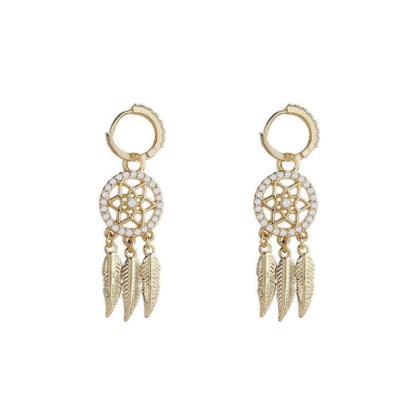 Dreamcatcher 14k Solid Gold Earrings - hoop earrings