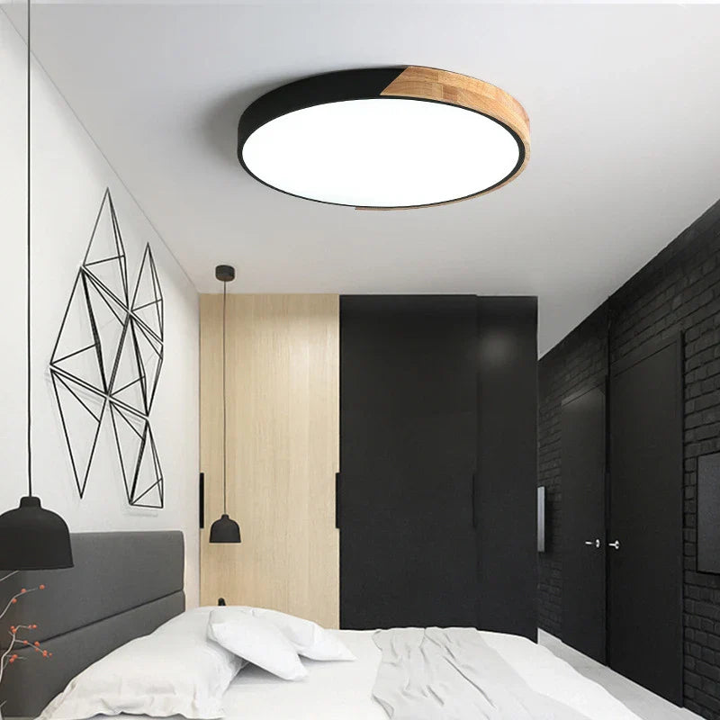 Warm Modern Round Ceiling Lamp – Minimalist Wood Art LED Light with Acrylic & Iron Design for Bedroom