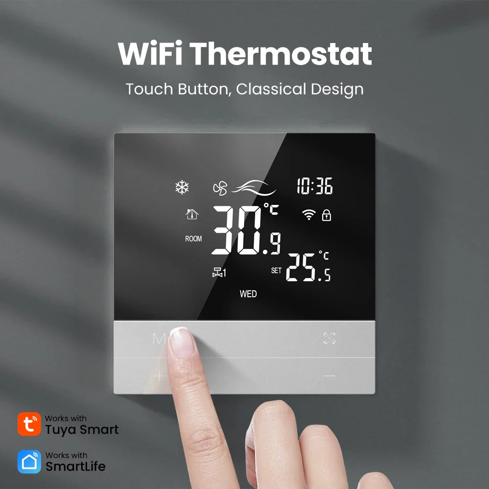 Smart WiFi Thermostat for Fan Coil Units – Touchscreen, Voice-Controlled, Energy-Saving HVAC Room Controller