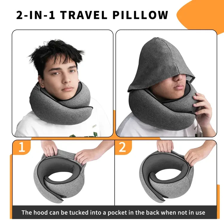 Hooded Memory Foam Travel Pillow – U-Shaped Neck Support Cushion with Privacy Hood for Airplane & Office Naps