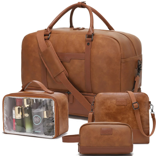 Retro PU Leather Gym Bag – Large Waterproof Travel Duffel with 4-Piece Set for Women & Men