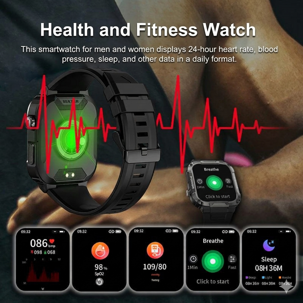 Military Smartwatch for Men - Waterproof IP68 Rugged Fitness Tracker with Bluetooth Calling, Heart Rate Monitor and 110 Sports Modes