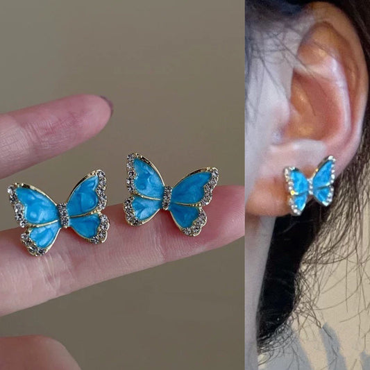 Vintage Blue Rhinestone Butterfly Earrings