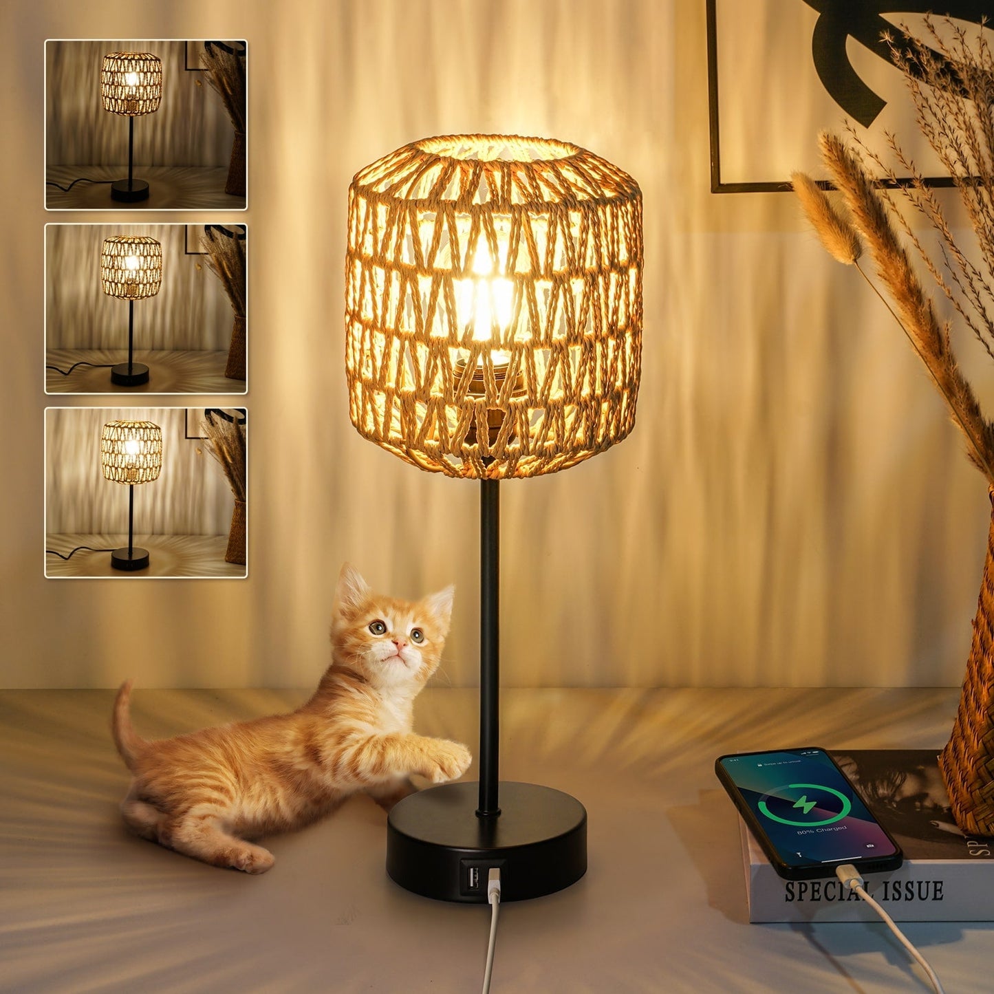 N02 Boho Rattan Table Lamp 3 Way Dimmable Touch Control with USB Port