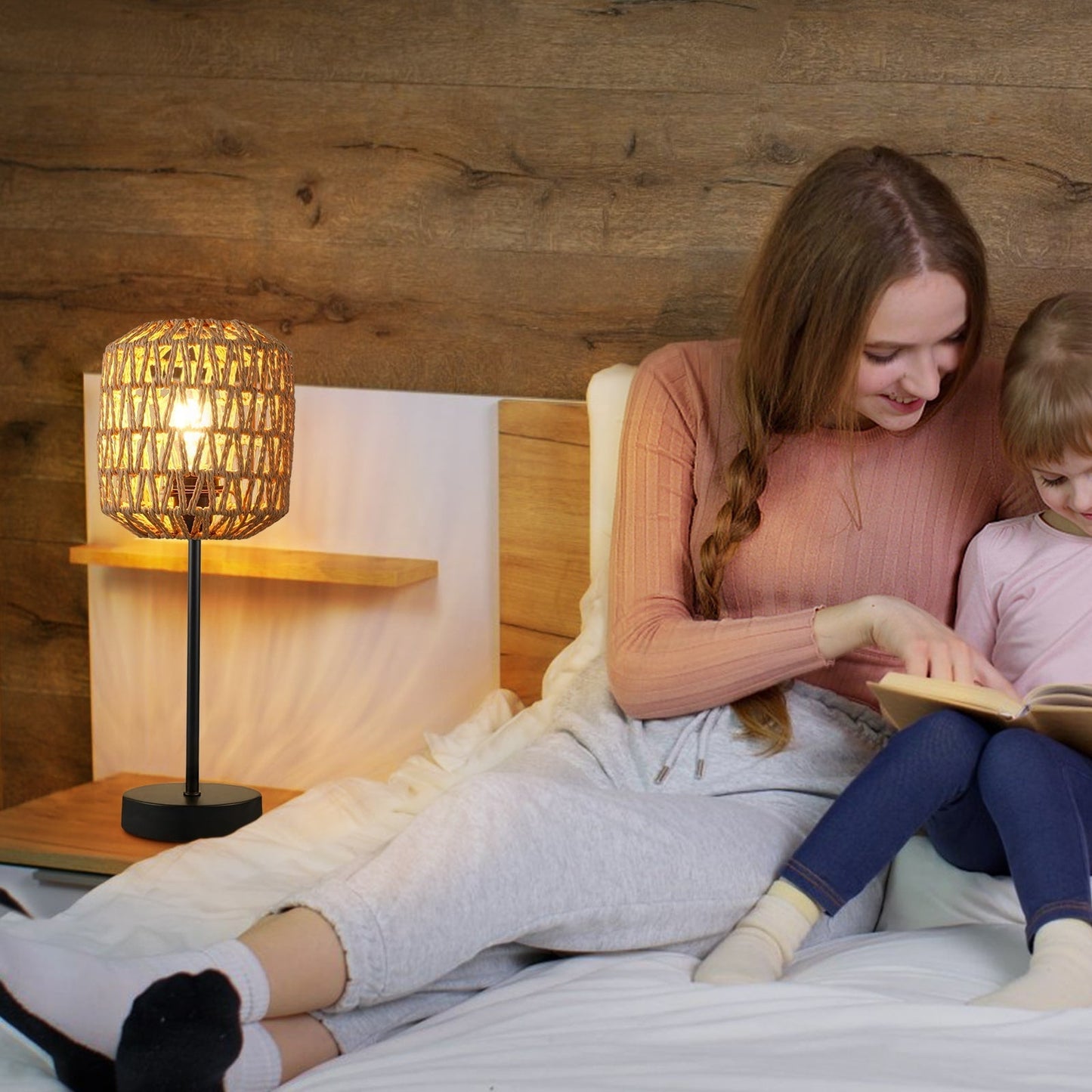 N02 Boho Rattan Table Lamp 3 Way Dimmable Touch Control with USB Port