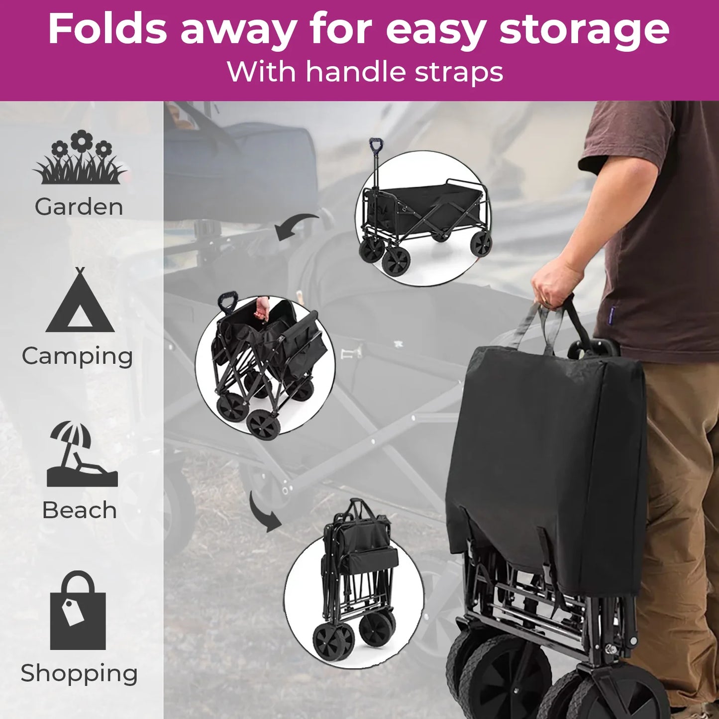 Foldable Collapsible Garden Cart – Heavy Duty Pull Wagon with 150kg Load Capacity, Telescopic Handle, 360° Wheels & Mesh Bottle Holders for Outdoor, Camping, Grocery & Gardening