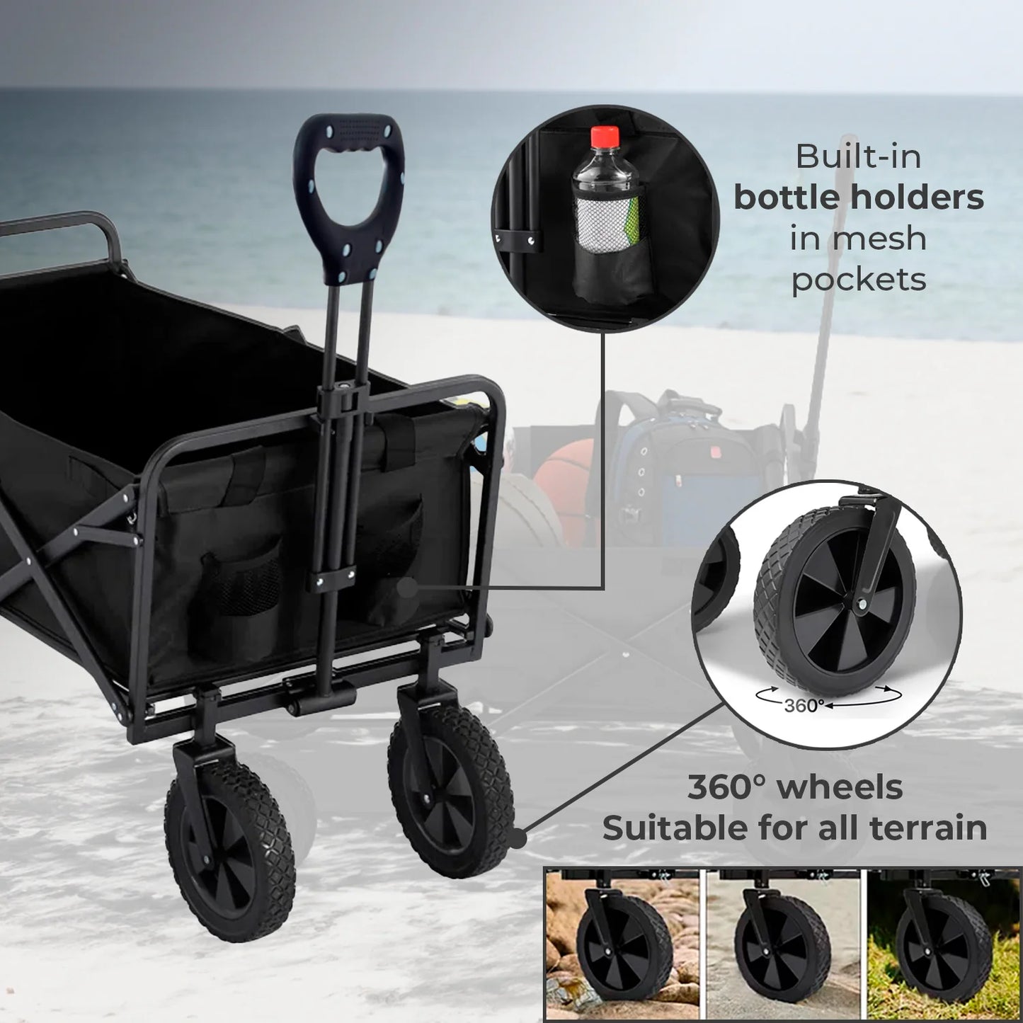 Foldable Collapsible Garden Cart – Heavy Duty Pull Wagon with 150kg Load Capacity, Telescopic Handle, 360° Wheels & Mesh Bottle Holders for Outdoor, Camping, Grocery & Gardening