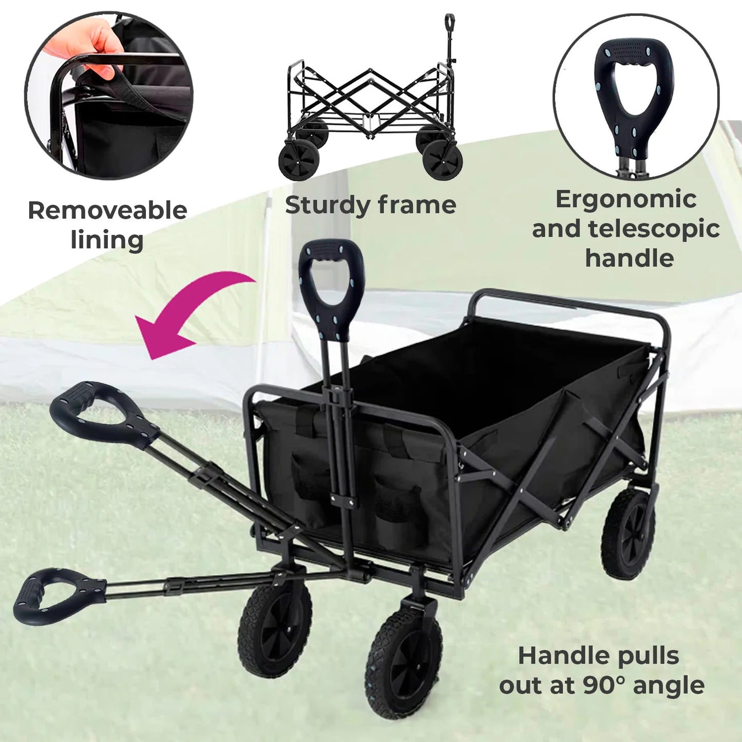Foldable Collapsible Garden Cart – Heavy Duty Pull Wagon with 150kg Load Capacity, Telescopic Handle, 360° Wheels & Mesh Bottle Holders for Outdoor, Camping, Grocery & Gardening