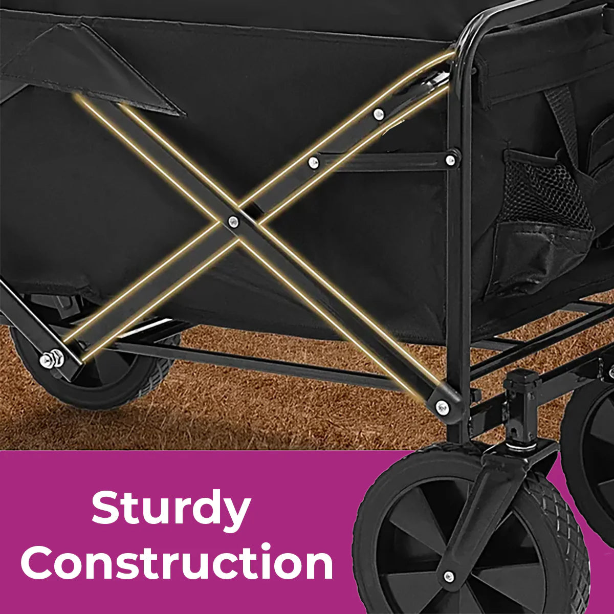 Foldable Collapsible Garden Cart – Heavy Duty Pull Wagon with 150kg Load Capacity, Telescopic Handle, 360° Wheels & Mesh Bottle Holders for Outdoor, Camping, Grocery & Gardening