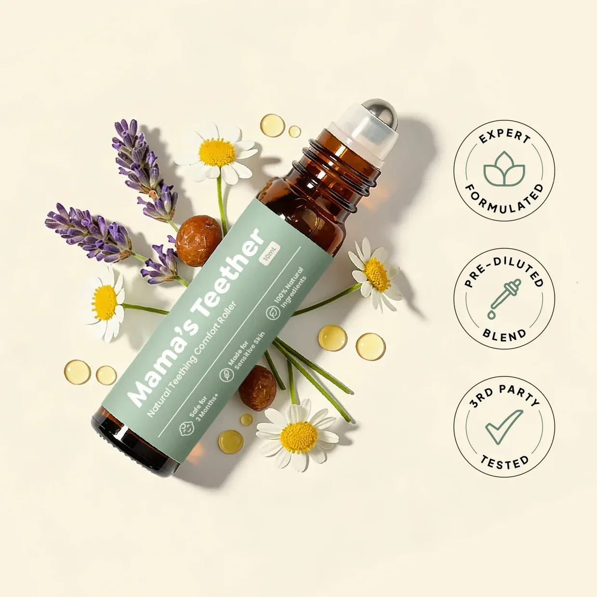 Natural Baby Teething Roller with Roman Chamomile and Lavender - Soothing Essential Oil Topical Blend for Infants 3 Months and Up