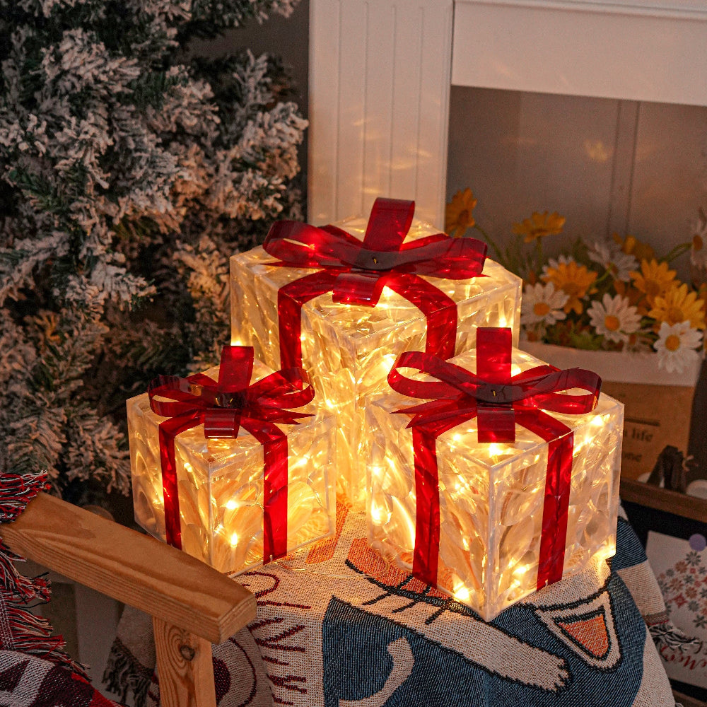 Outdoor Christmas Lights Gift Boxes Set Red Ribbon Decoration