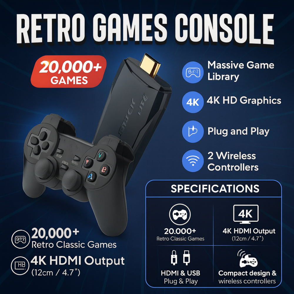 4K Retro Video Game Console Stick Dual Wireless Controllers Set