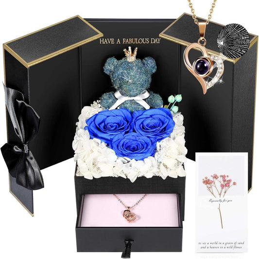 Rose Box Eternity Roses Bear Necklace Jewelry Gift