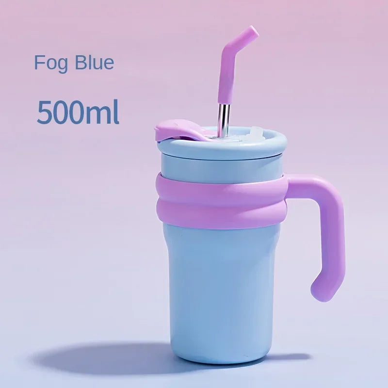 New summer minimalist double-layer anti drop handle cup stainless steel cartoon car cup portable dual drink thermos cup