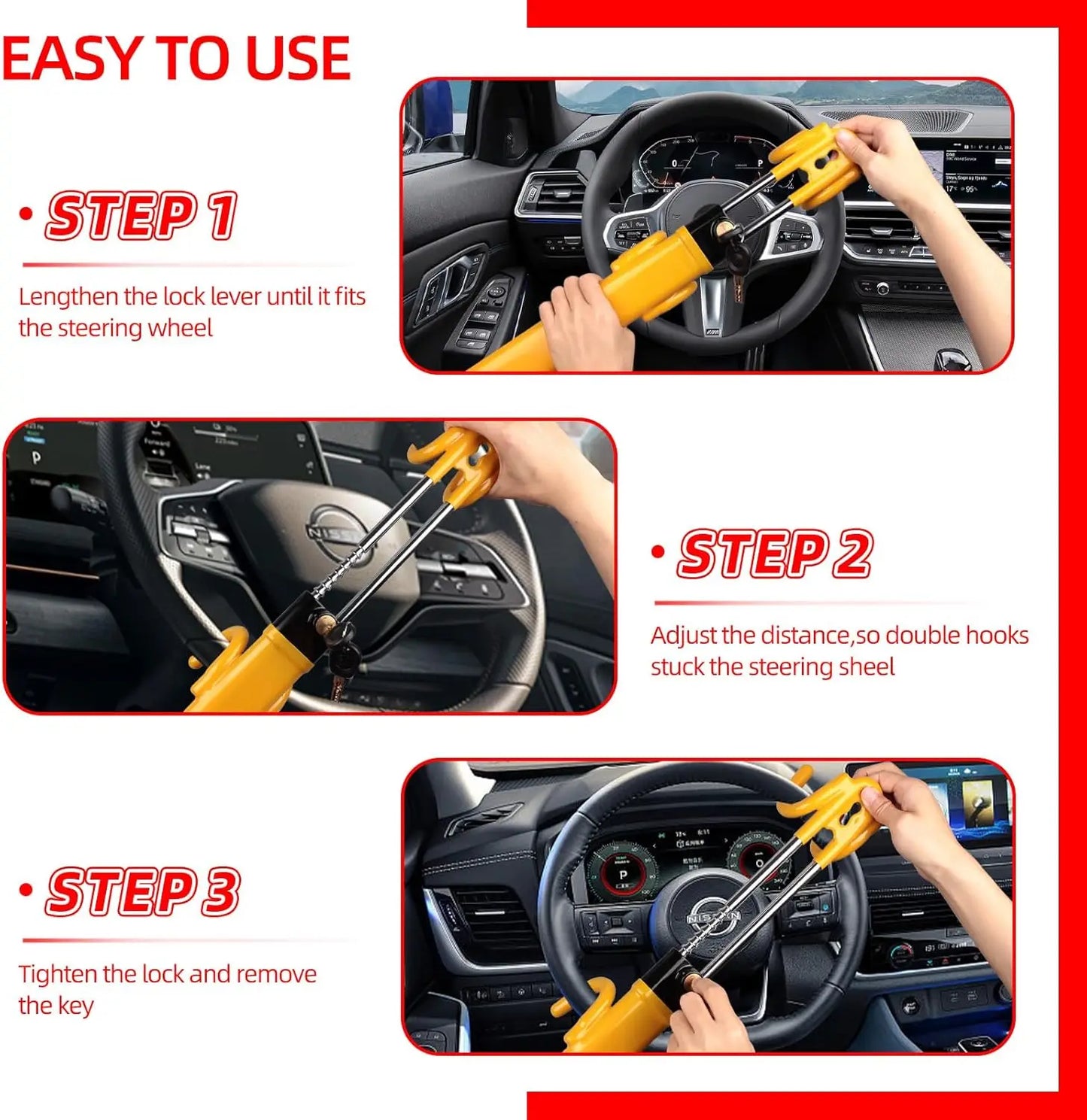 Avichic™ Heavy-Duty Steering Wheel Lock – Anti-Theft Car Security Device with Adjustable Lock & 2 Keys – Universal Fit