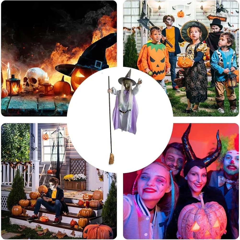 Halloween Flying Witch on Broom – 6ft -180 CM Animated Outdoor Witch Decoration with Luminous Eyes, Hovering Effect, Weatherproof Design
