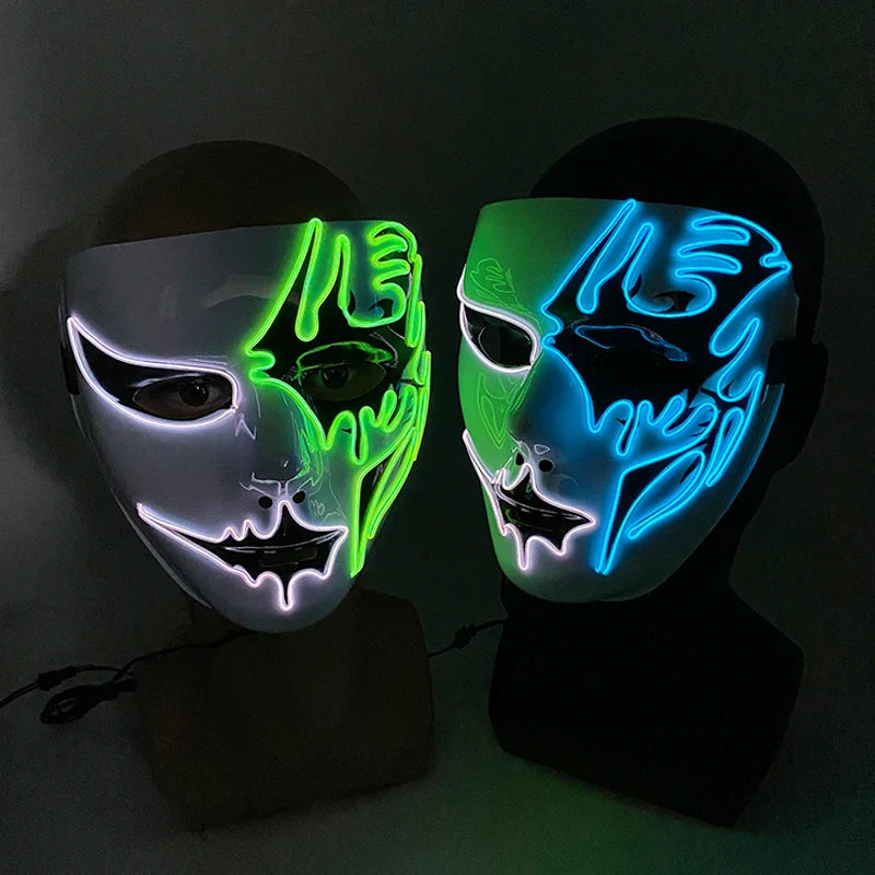 LED Purge Mask – Hand-Painted Neon Light-Up Full Face Mask with Flashing Modes, PVC + EL Wire, for Halloween, Cosplay & Parties