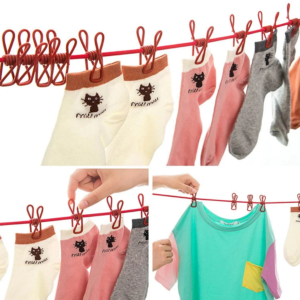 Portable Elastic Clothesline with 12 Clips – Stretchable, Windproof Travel Laundry Drying Line for Indoor & Outdoor Use