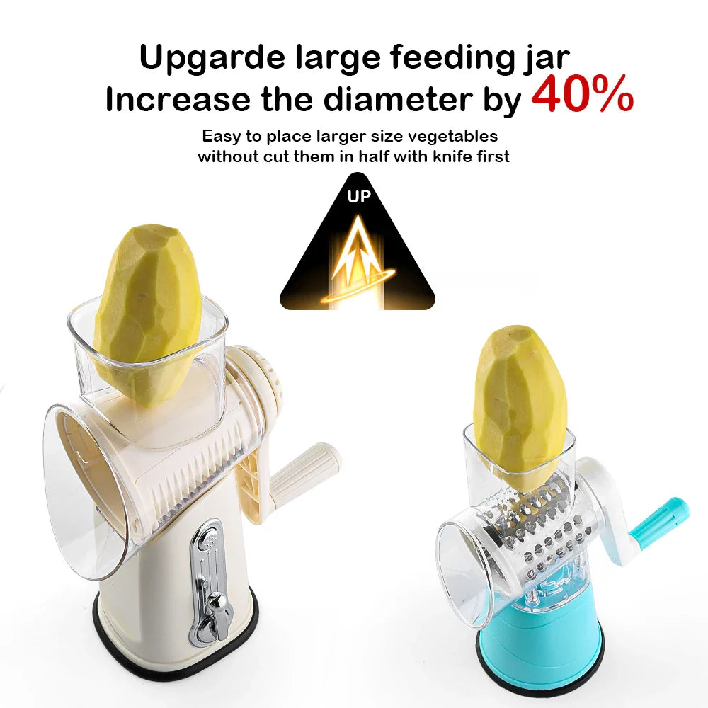 3-in-1 Hand Crank Vegetable Grater – Manual Cheese Shredder & Slicer with Stainless Steel Blades