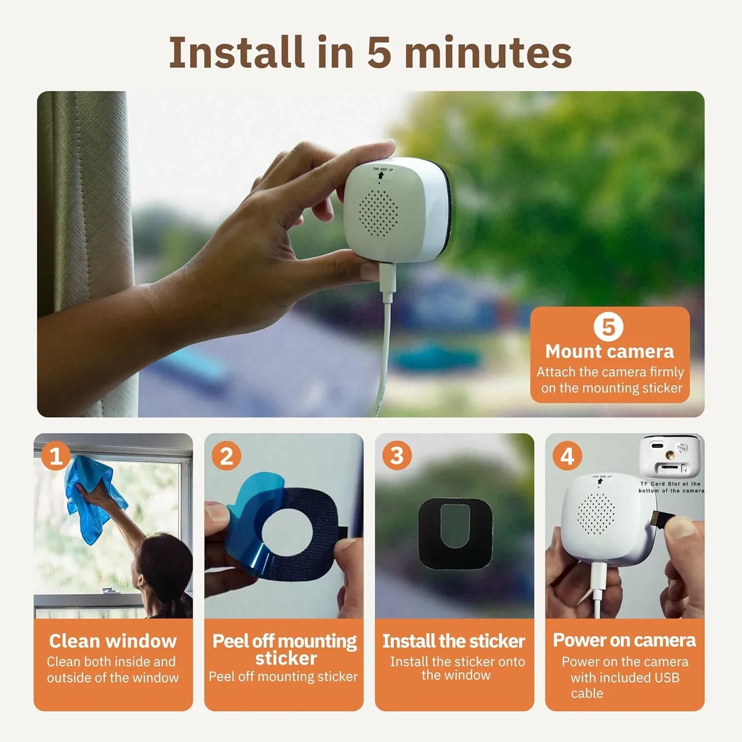 Window Security Camera 3MP 2K, Dual-Band WiFi (2.4GHz & 5GHz), Color Night Vision, AI Motion Detection, Indoor Glass Mount – 2-Pack