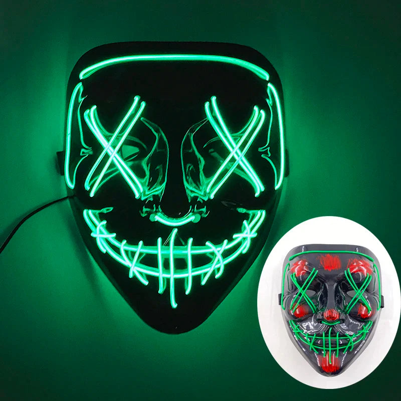 LED Purge Mask – Hand-Painted Neon Light-Up Full Face Mask with Flashing Modes, PVC + EL Wire, for Halloween, Cosplay & Parties