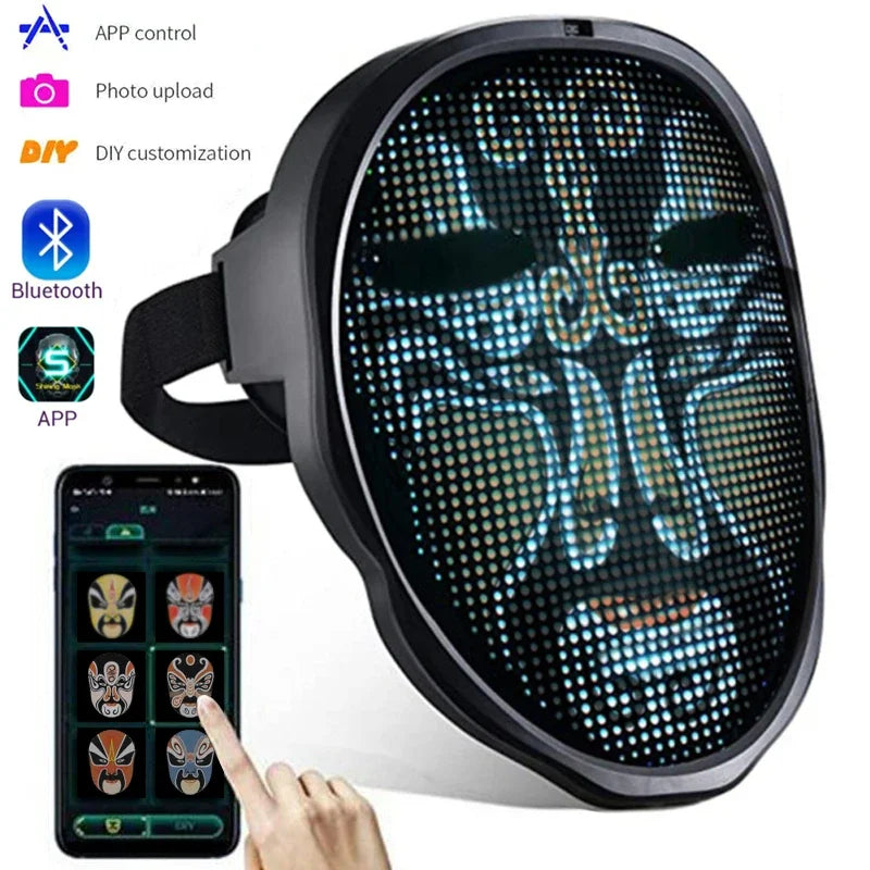 Smart LED Halloween Face Mask – Programmable Bluetooth APP Control, Custom Image Display, Rechargeable Light-Up Mask for Halloween Parties & Festivals