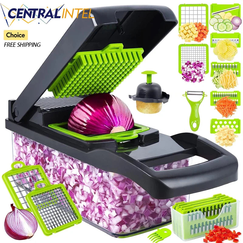 Avichic™ 14/16-in-1 Vegetable Chopper – Multifunctional Food Slicer, Dicer & Cutter with 2L Container, Stainless Steel Blades