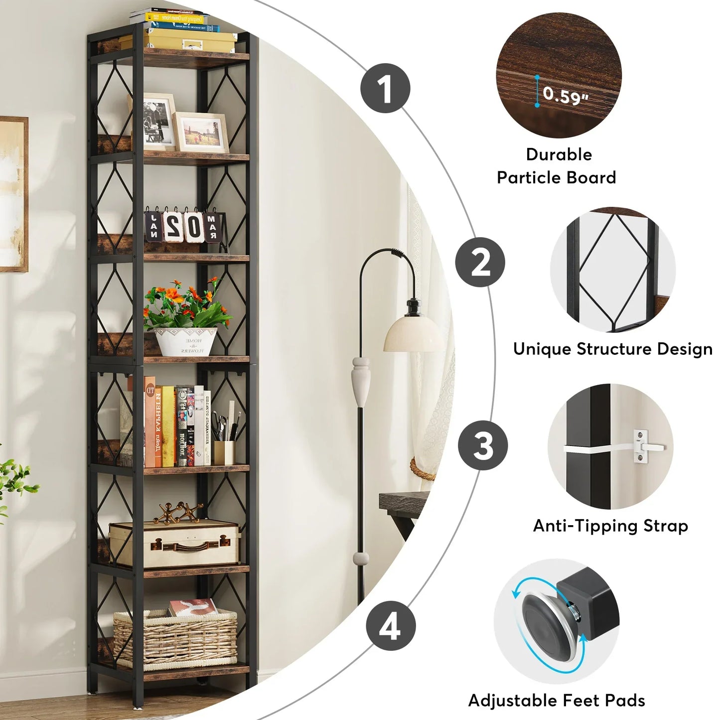 7-Tier Extra Tall Narrow Bookshelf for Small Spaces