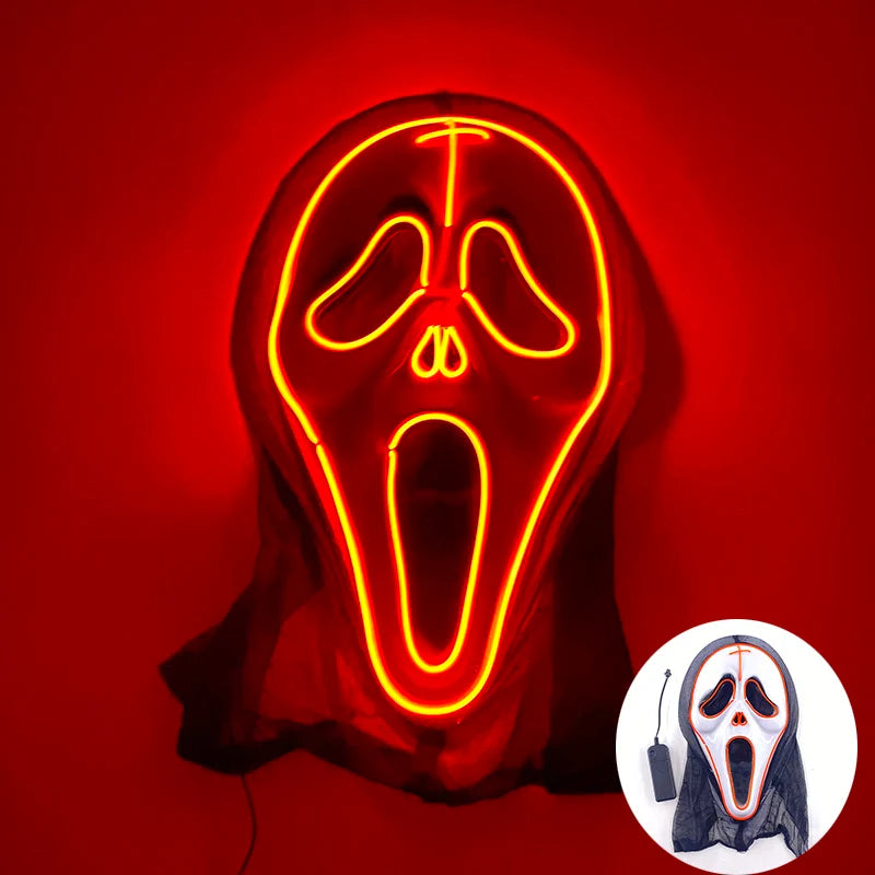 LED Purge Mask – Hand-Painted Neon Light-Up Full Face Mask with Flashing Modes, PVC + EL Wire, for Halloween, Cosplay & Parties
