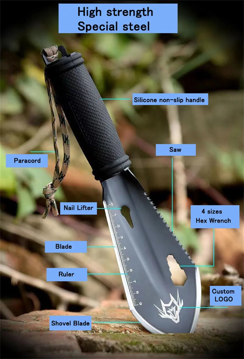 Versatile Stainless Steel Outdoor Camping/Garden Shovel Set with Hex Wrench, Ruler, and Knife - Enhance Your Outdoor Experience