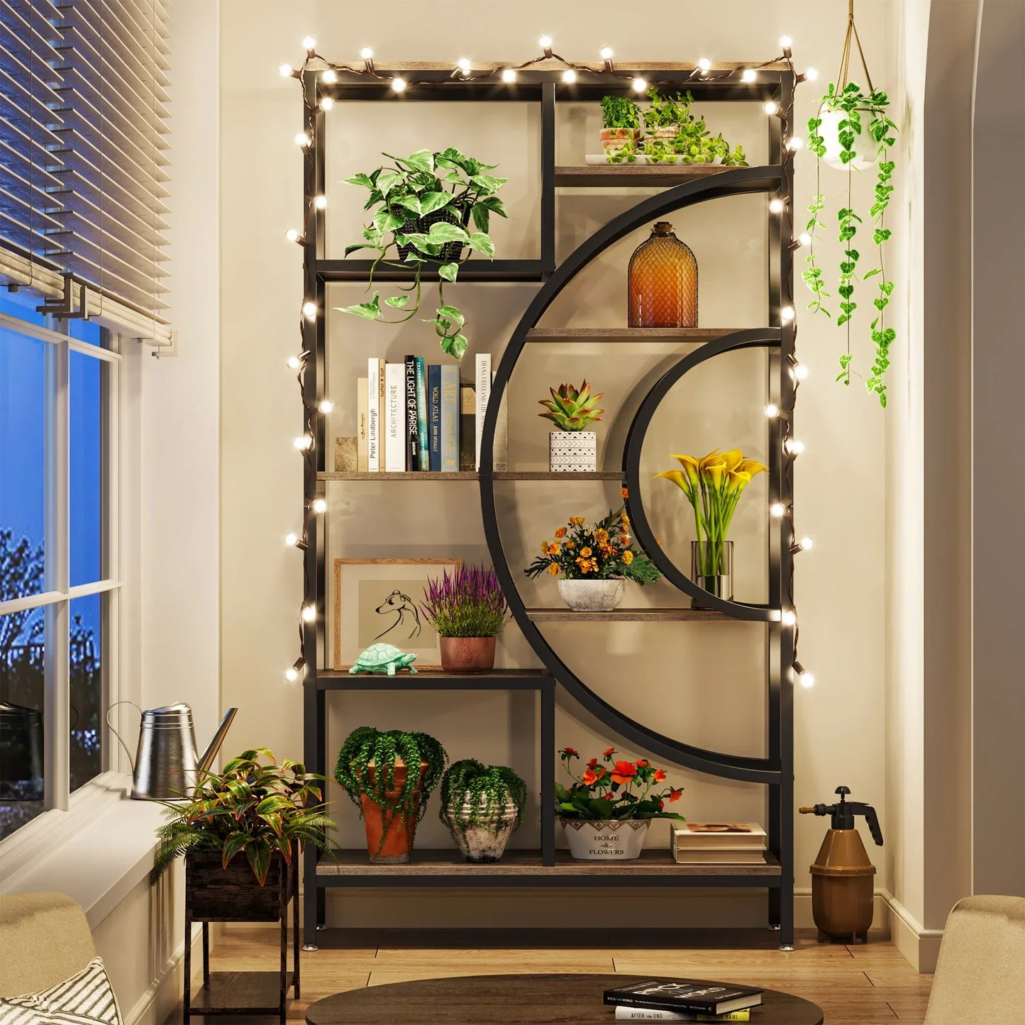 8-Tier Rustic Geometric Bookcase with Metal Frame