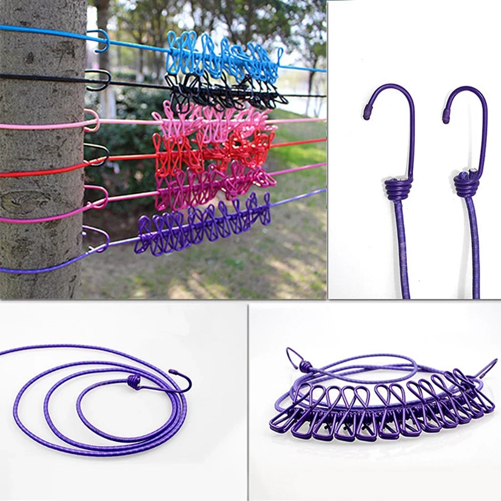 Portable Elastic Clothesline with 12 Clips – Stretchable, Windproof Travel Laundry Drying Line for Indoor & Outdoor Use