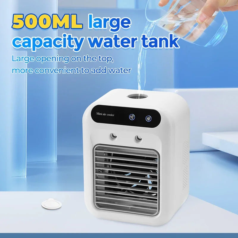 Mini Portable Air Cooler & Humidifier – USB Rechargeable, 2-Speed Fan, 500ml Water Tank – for Home & Office