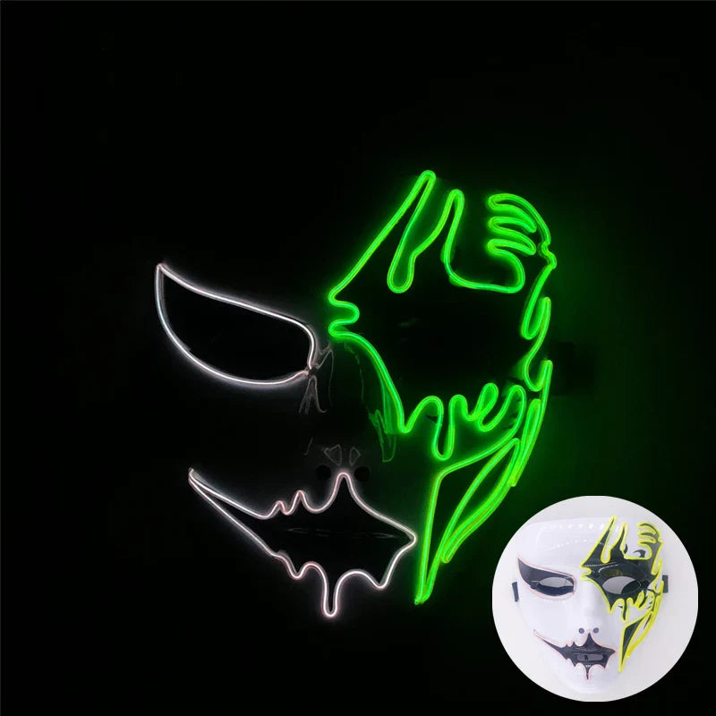 LED Purge Mask – Hand-Painted Neon Light-Up Full Face Mask with Flashing Modes, PVC + EL Wire, for Halloween, Cosplay & Parties