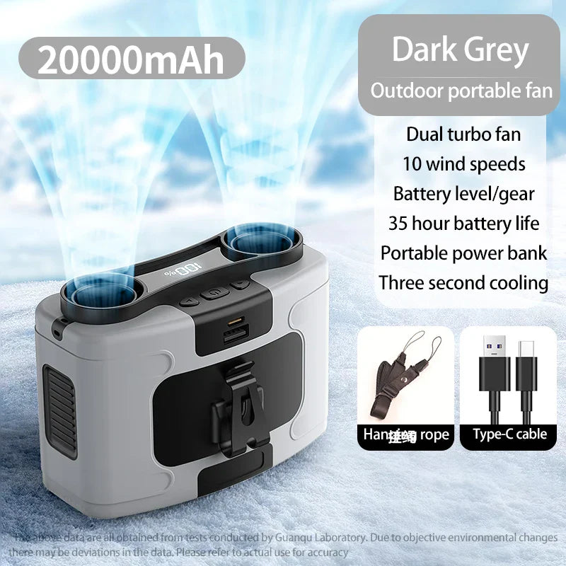 Portable Waist Fan 20000mAh – 3-in-1 Cooling Fan, Power Bank & Flashlight, LED Display, Turbo Airflow, Type-C Rechargeable
