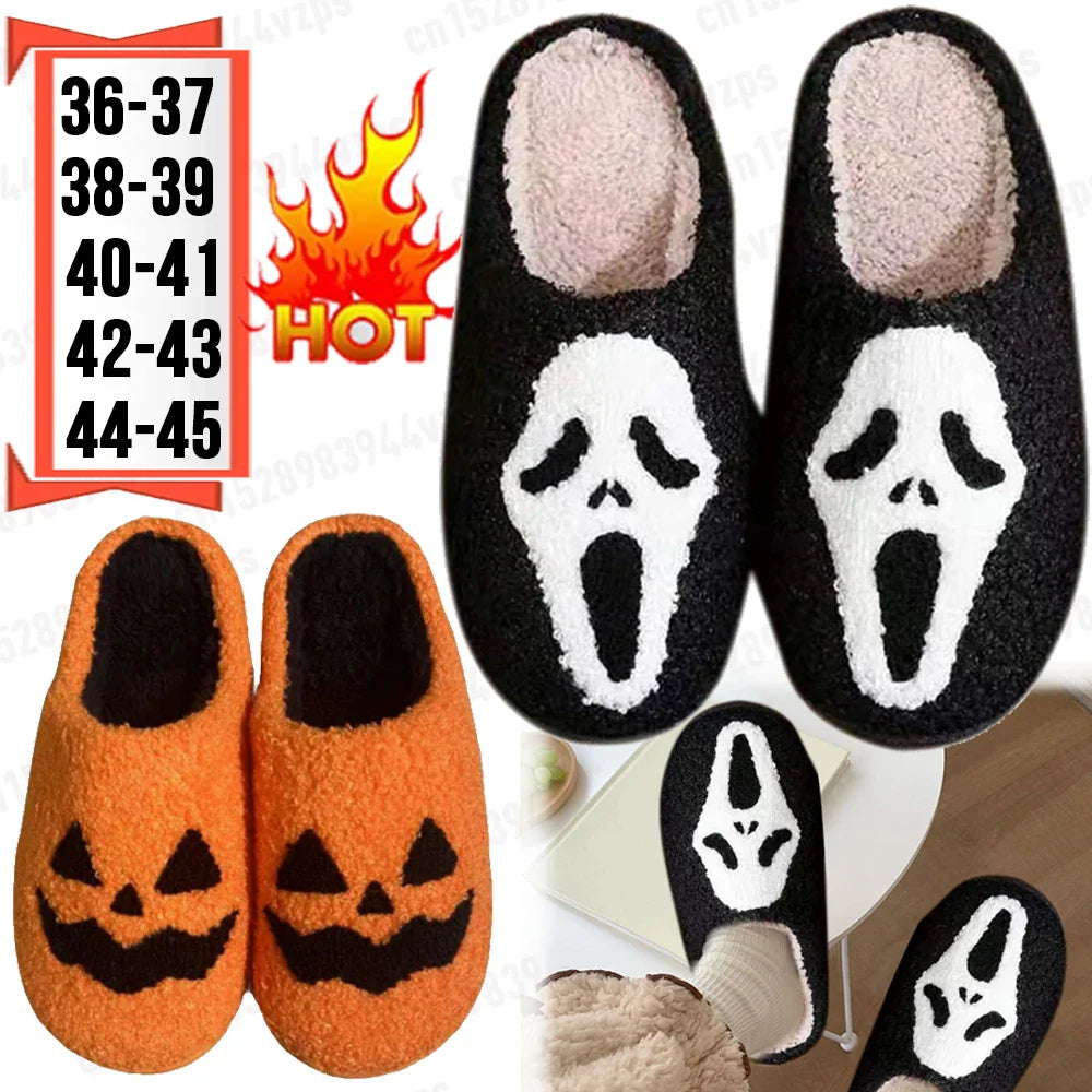 Halloween Pumpkin Ghost Slippers – Unisex Cotton Plush Indoor Shoes, Thick Non-Slip, Lightweight & Warm for Winter Home Wear