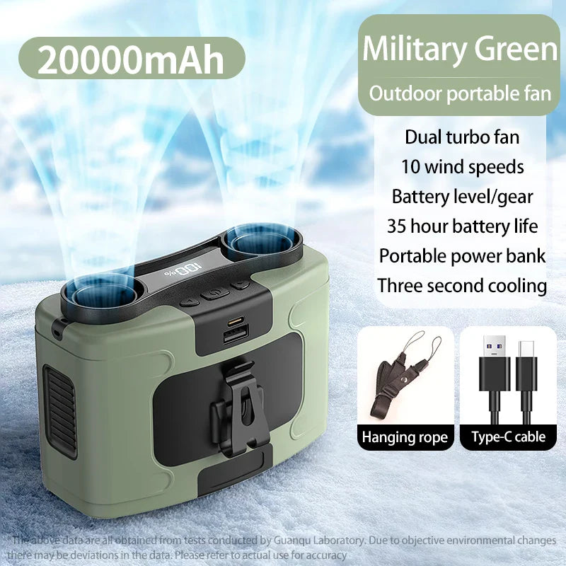 Portable Waist Fan 20000mAh – 3-in-1 Cooling Fan, Power Bank & Flashlight, LED Display, Turbo Airflow, Type-C Rechargeable