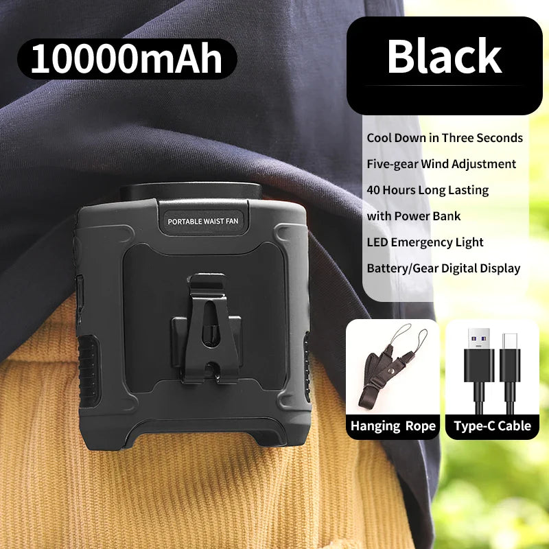 Portable Waist Fan 20000mAh – 3-in-1 Cooling Fan, Power Bank & Flashlight, LED Display, Turbo Airflow, Type-C Rechargeable
