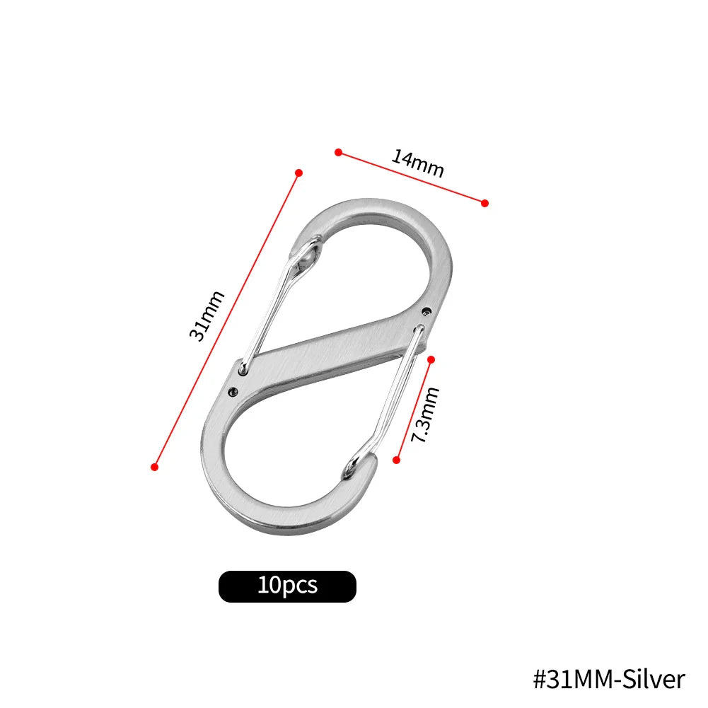 10pcs Stainless Steel S Type Carabiner with Lock Mini Keychain Hook Anti-Theft Outdoor Camping Backpack Buckle Key-Lock Tool