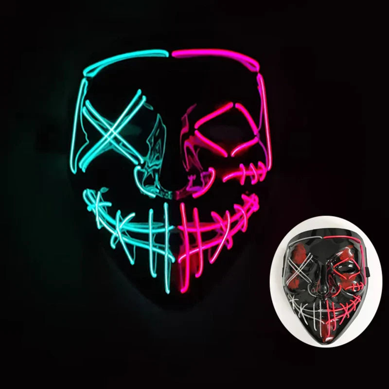 LED Purge Mask – Hand-Painted Neon Light-Up Full Face Mask with Flashing Modes, PVC + EL Wire, for Halloween, Cosplay & Parties