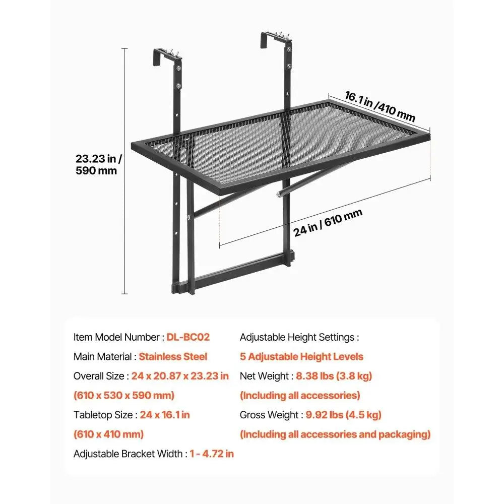 Hanging Balcony Table – Adjustable Foldable Patio Railing Mount Table, Stainless Steel Weather-Resistant Space-Saving Design (19x24 in)