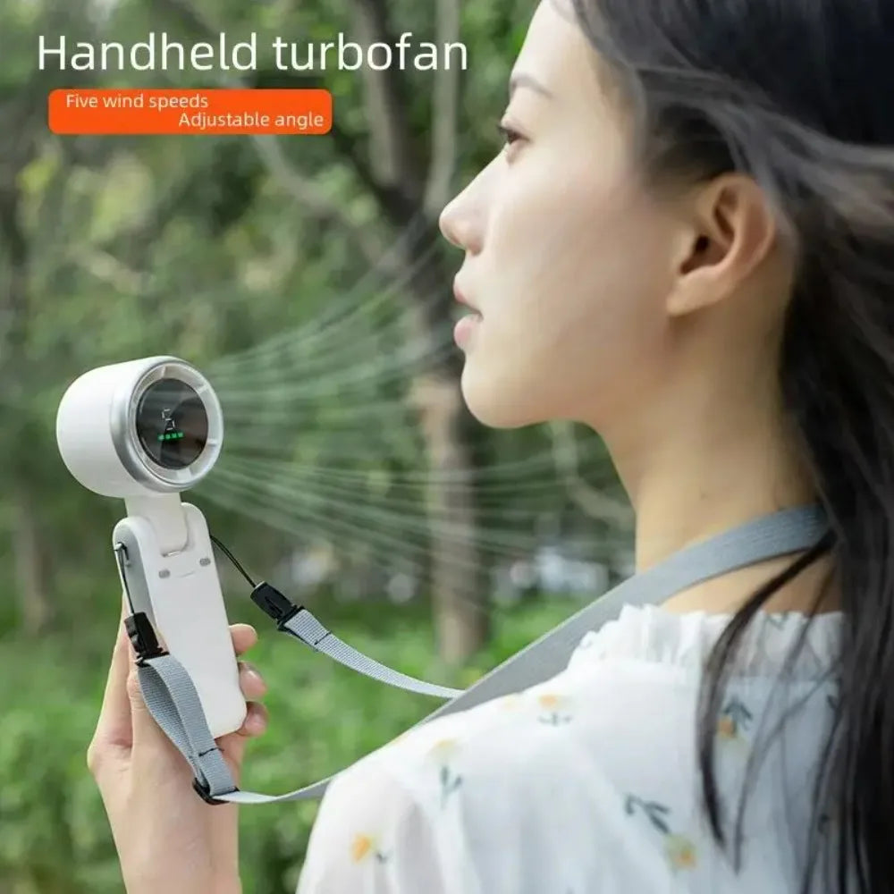 Mini Turbo Fan with LED Display – 3-in-1 Portable, Foldable, Rechargeable Neck & Desk Fan – 3600mAh, 5-Speed, Quiet Operation