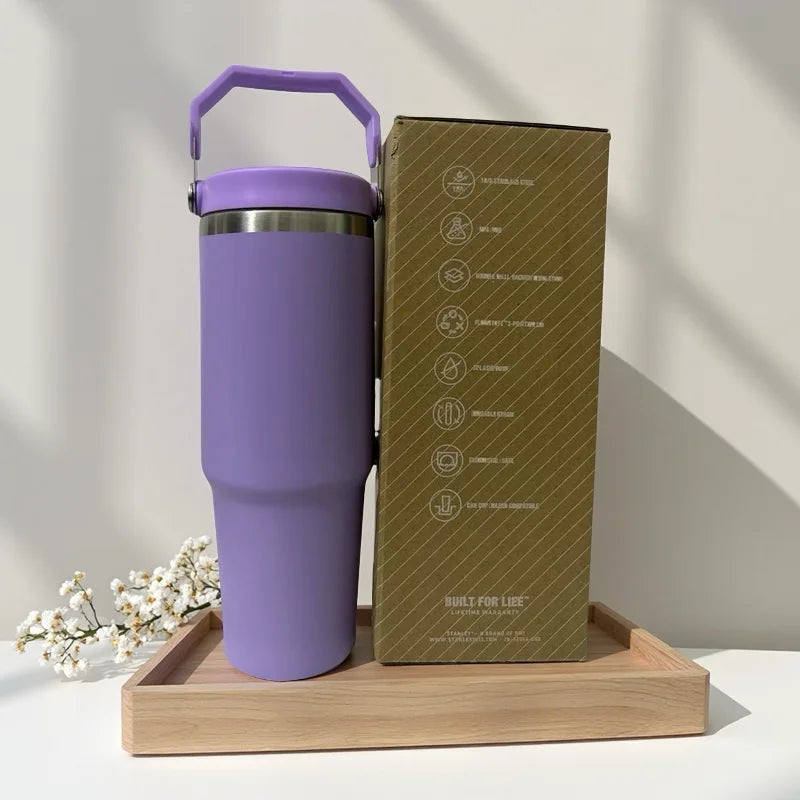 30oz Stainless Steel Vacuum Flask with Straw – 12-Hour Hot & Cold Retention – Leakproof Travel Mug for Work, Gym, and Outdoors