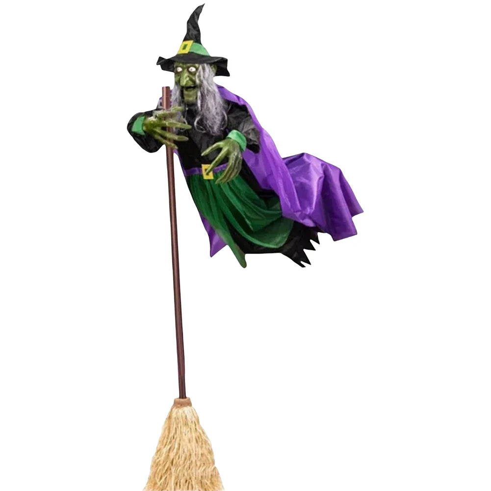 Halloween Flying Witch on Broom – 6ft -180 CM Animated Outdoor Witch Decoration with Luminous Eyes, Hovering Effect, Weatherproof Design