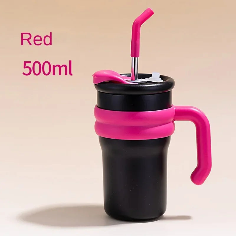 New summer minimalist double-layer anti drop handle cup stainless steel cartoon car cup portable dual drink thermos cup